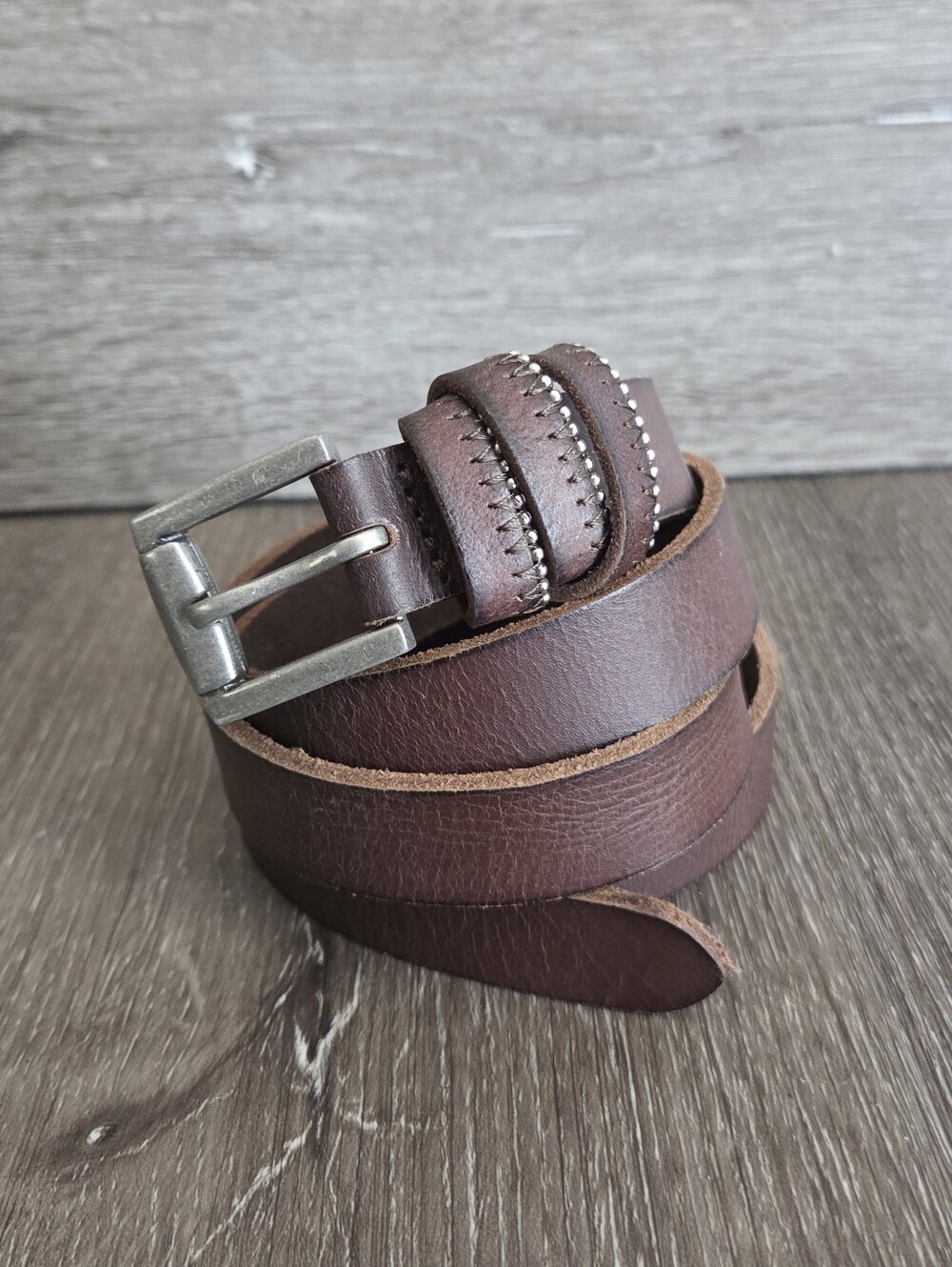 Brown Leather Belt with Silver Buckle 2XL